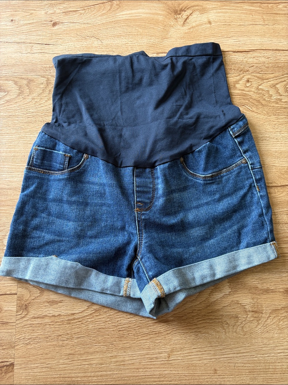 High-Waist Maternity Denim Shorts with Navy Stretch Panel